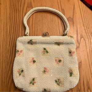 Elegant Vintage Lurmured Beaded Floral Handbag off white with flower accent MINT